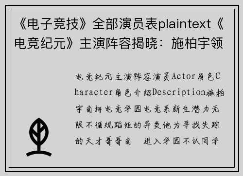 《电子竞技》全部演员表plaintext《电竞纪元》主演阵容揭晓：施柏宇领衔演绎热血竞技场