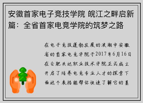 安徽首家电子竞技学院 皖江之畔启新篇：全省首家电竞学院的筑梦之路
